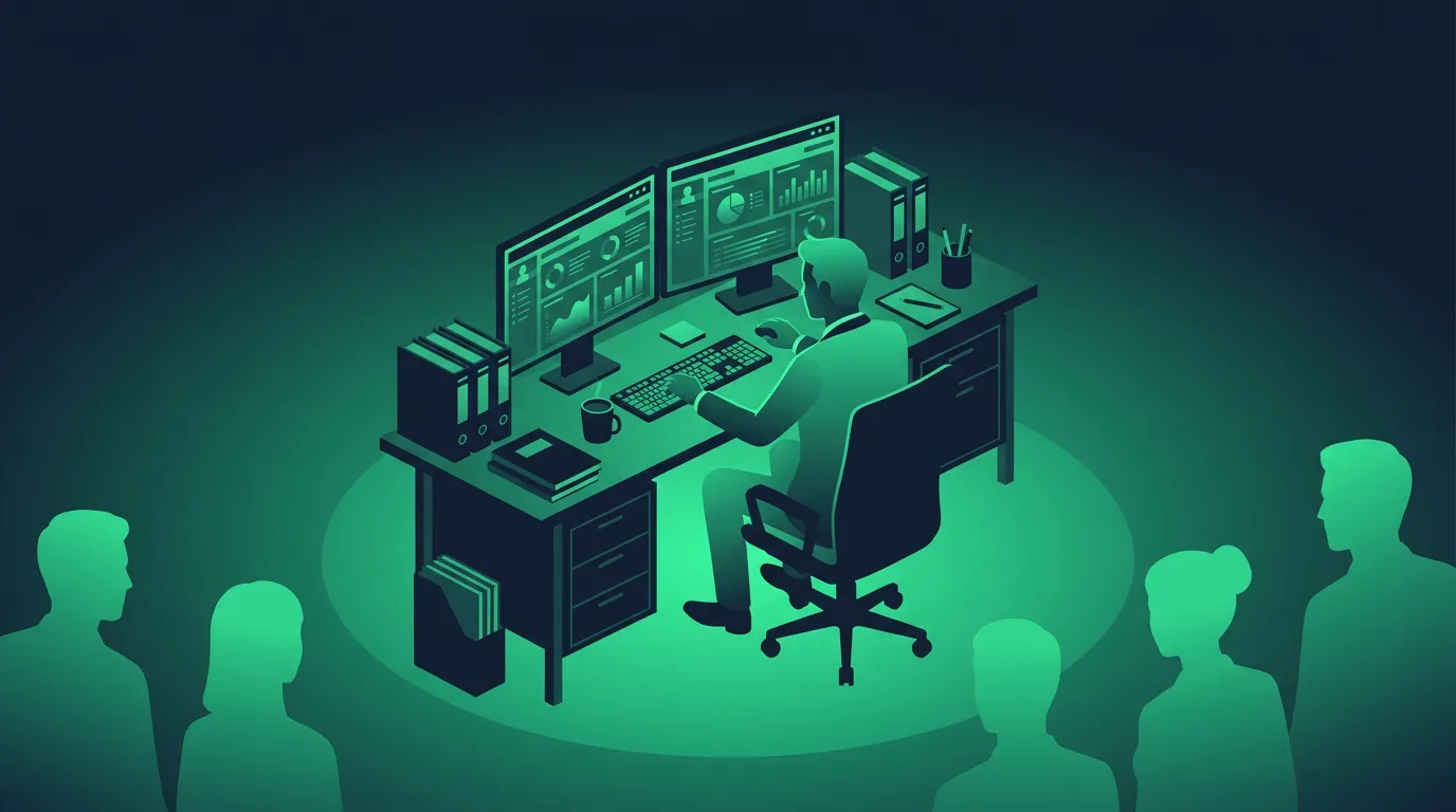 A small business owner scrolling through CRM dashboards side by side on a desk cluttered with industry folders, in duotone slate and emerald.