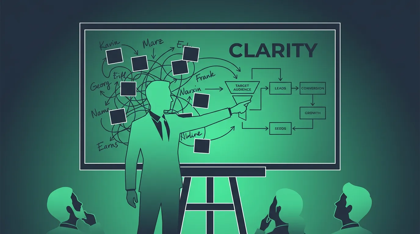 A silhouetted business owner stands before a chalkboard where a messy scrawl of customer names and sticky notes rearranges itself into one clean labeled diagram, in duotone slate and emerald.