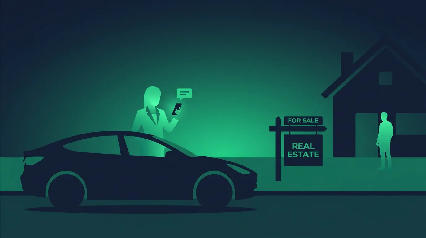 A real estate agent texting a new lead back from a car parked outside a listing with a for-sale sign in the yard, in duotone slate and emerald