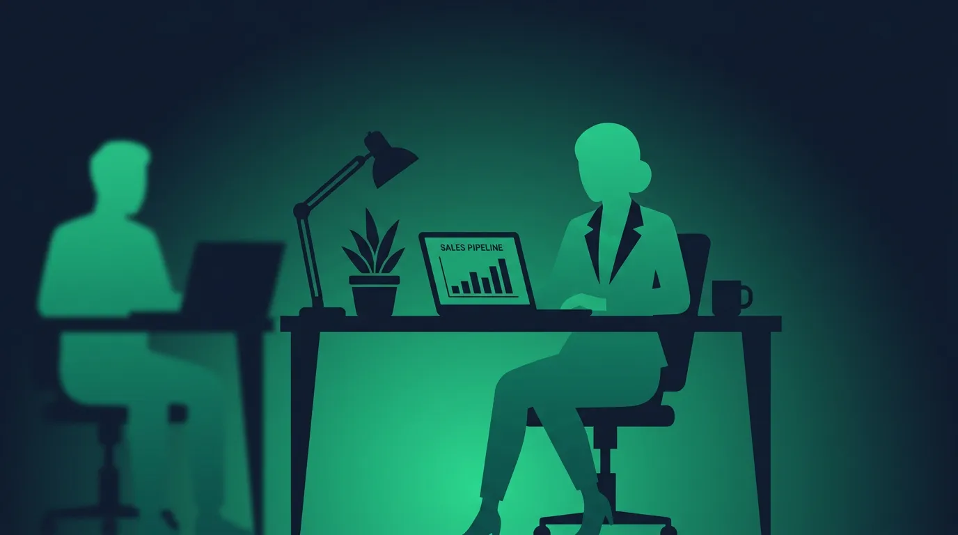 A startup founder tracking a lean sales pipeline on a laptop at a shared desk in a small office, in duotone slate and emerald