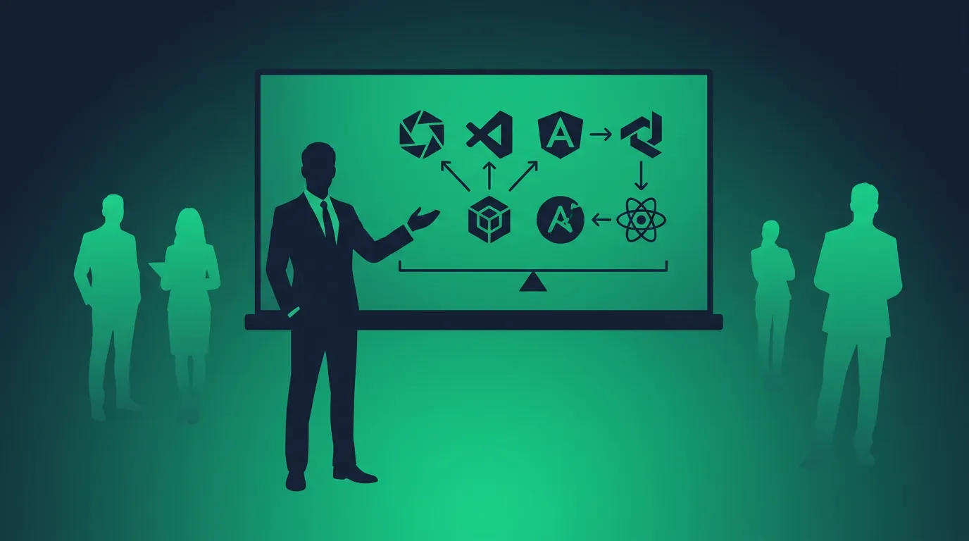 A silhouetted agency owner standing at a whiteboard weighing several software logos against each other, in duotone slate and emerald.