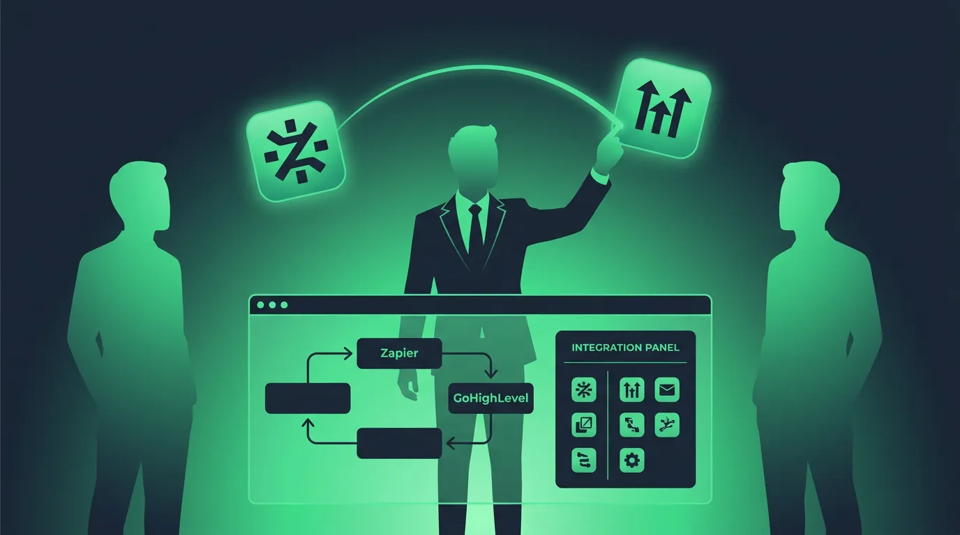A silhouetted agency owner connects two glowing app icons across a dashboard screen showing a Zapier flow next to a native GoHighLevel integration panel, in duotone slate and emerald.