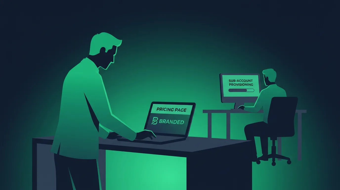A silhouetted agency owner sets up a branded pricing page on a laptop while a client's sub-account provisions itself in the background, in duotone slate and emerald.