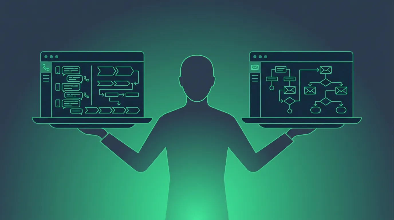 A silhouetted business owner weighing two dashboards side by side, one dense with SMS threads and pipeline stages and the other filled with branching email workflow diagrams, in duotone slate and emerald.