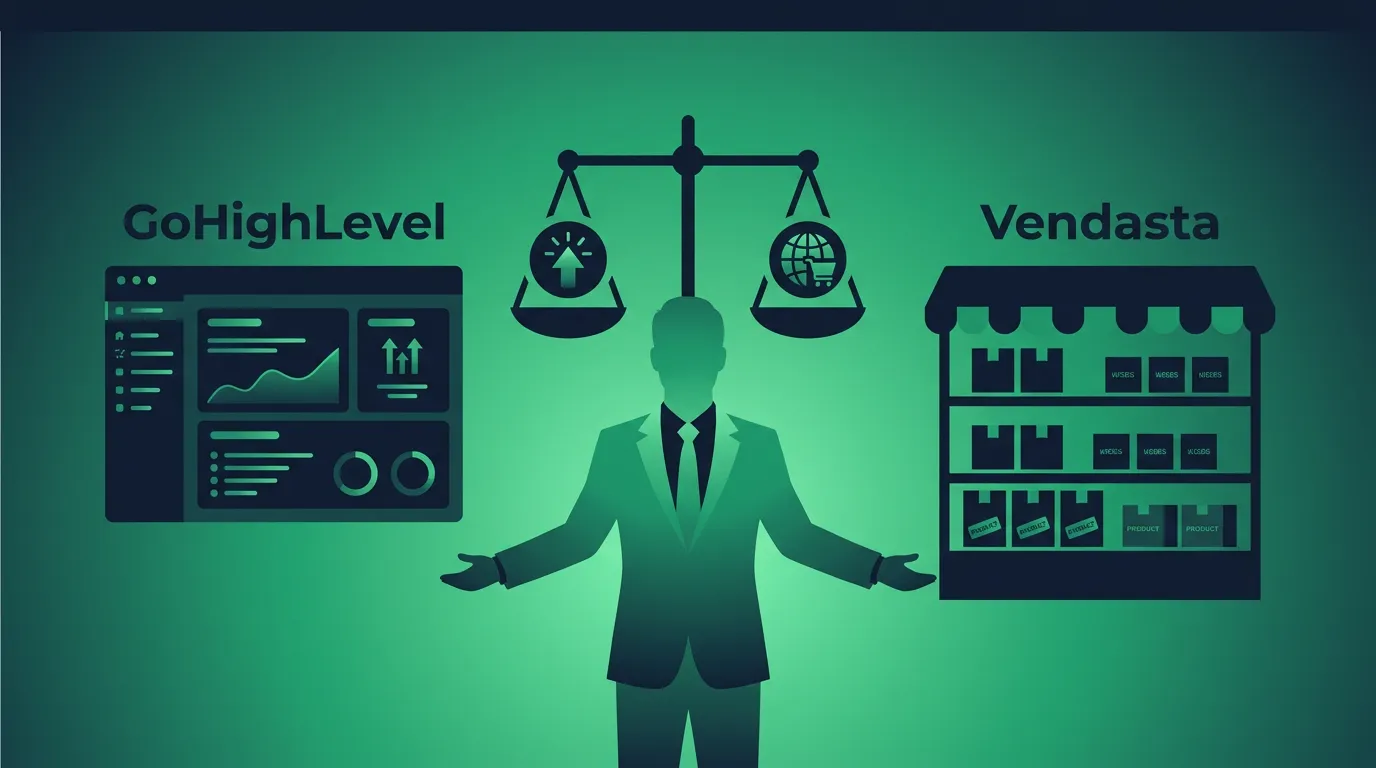 A silhouetted business owner standing between a software dashboard they built themselves and a storefront shelf of third-party products they resell, weighing GoHighLevel against Vendasta, in duotone slate and emerald.