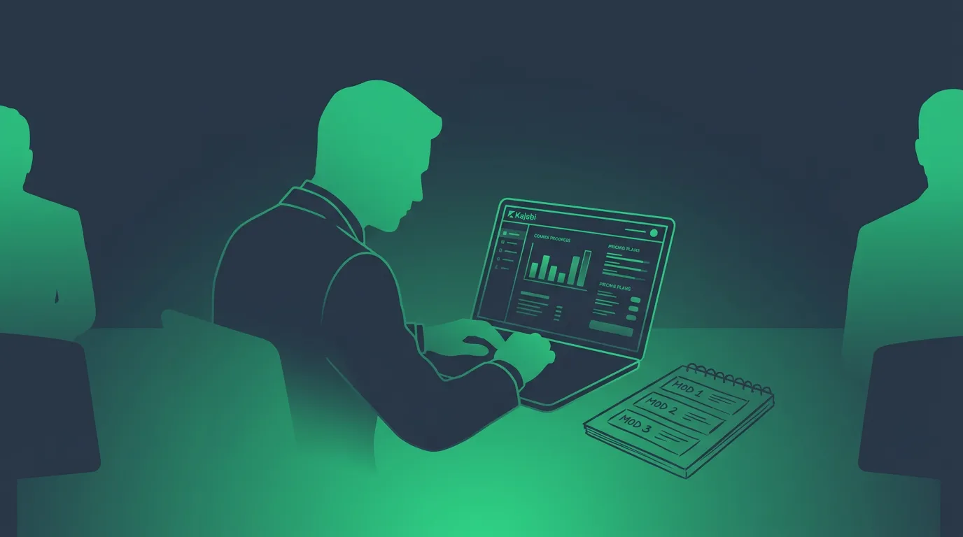 A course creator sits at a desk reviewing Kajabi's course and pricing dashboard on a laptop screen, a stack of hand-sketched course modules on a notepad beside them, in duotone slate and emerald.