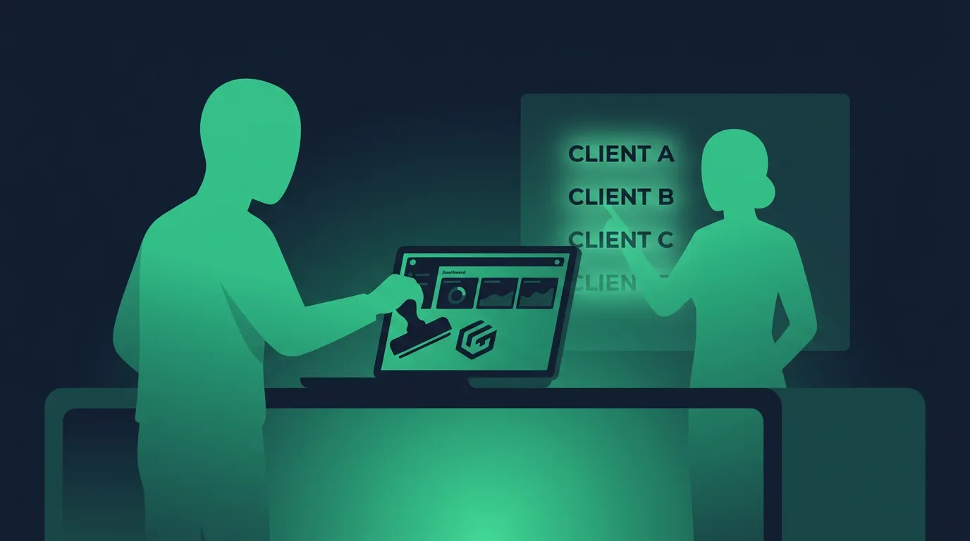 A silhouetted agency owner stamping their own logo onto a software dashboard on a laptop screen while a client roster glows in the background, in duotone slate and emerald.